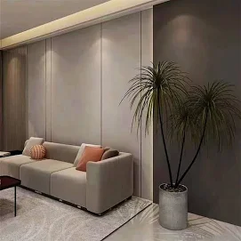 Modern living room interior with textured PS polystyrene wall panel installation featuring matte finish and subtle geometric pattern on accent wall Modern living room interior with textured PS polystyrene wall panel installation featuring matte finish and subtle geometric pattern on accent wall